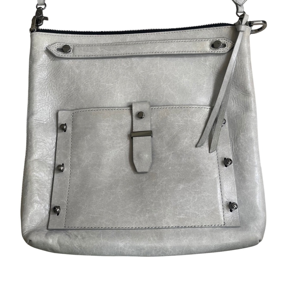 Botkier New York Light Gray Leather Crossbody Bag Studded Messenger Gunmetal EUC - Picture 3 of 14